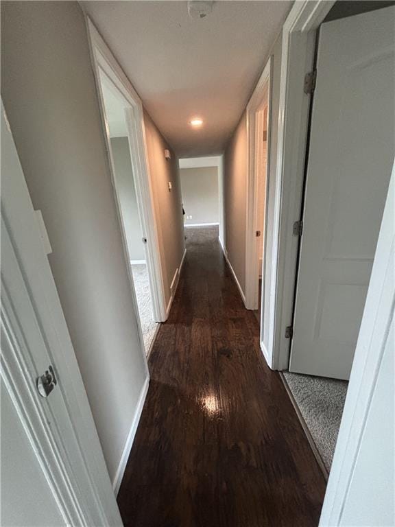 corridor featuring baseboards and dark wood-type flooring