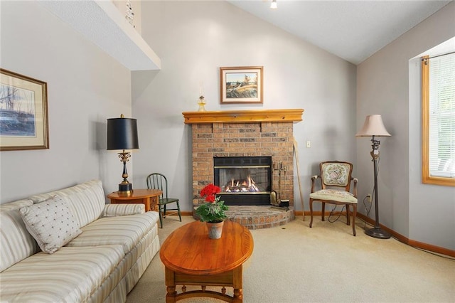 living room featuring carpet floors, lofted ceiling, baseboards, and a fireplace