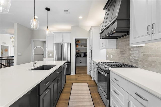 kitchen featuring light countertops, a sink, premium range hood, and stainless steel appliances