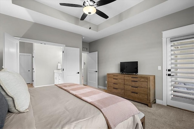 bedroom featuring baseboards, light carpet, and ceiling fan