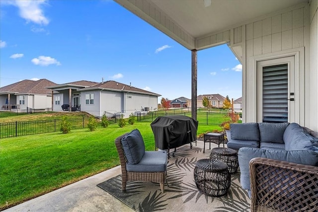 view of patio with a residential view, an outdoor hangout area, a fenced backyard, and area for grilling