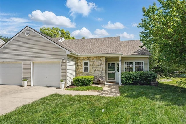 2111 N 83rd Pl, Kansas City, KS 66109 - view of front of house with concrete driveway, a garage, a front lawn, and a shingled roof