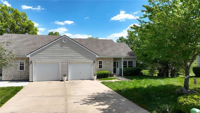 2111 N 83rd Pl, Kansas City, KS 66109 - view of front of house with stone siding, an attached garage, a front yard, driveway, and roof with shingles