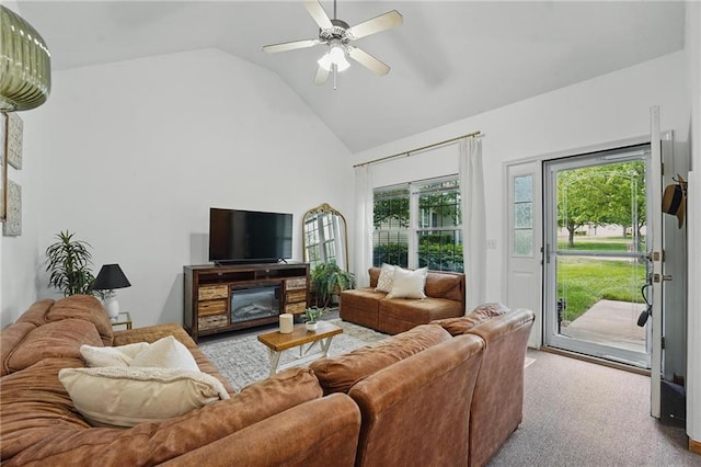 2111 N 83rd Pl, Kansas City, KS 66109 - living room featuring plenty of natural light, carpet flooring, a ceiling fan, and high vaulted ceiling