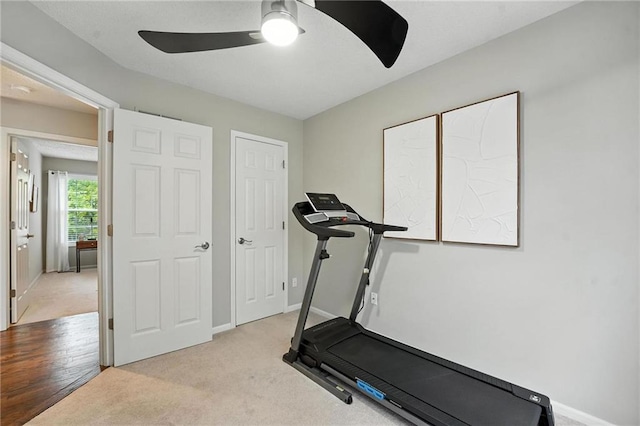 1125 SW Hillcrest Dr, Blue Springs, MO 64015 - exercise area featuring ceiling fan and carpet