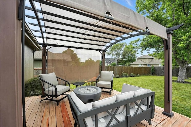 1125 SW Hillcrest Dr, Blue Springs, MO 64015 - wooden deck featuring a pergola, a fenced backyard, and an outdoor living space with a fire pit