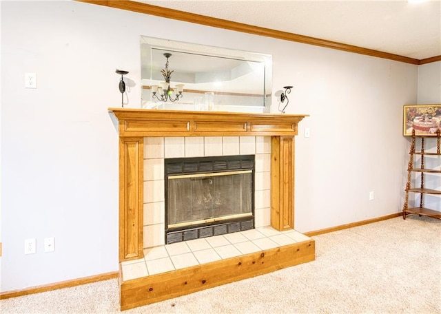 details featuring carpet flooring, baseboards, ornamental molding, and a tiled fireplace