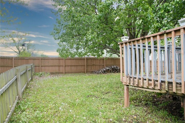 view of yard with a wooden deck and a fenced backyard