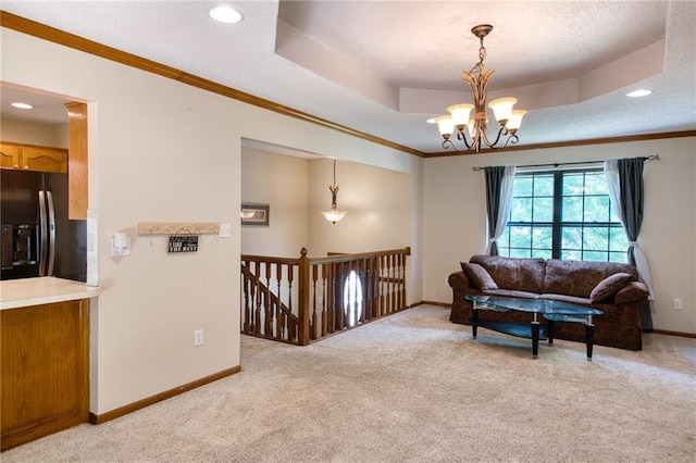 2109 NW Hidden Pointe Ct, Blue Springs, MO 64015 - living area featuring light colored carpet, crown molding, a chandelier, recessed lighting, and a tray ceiling