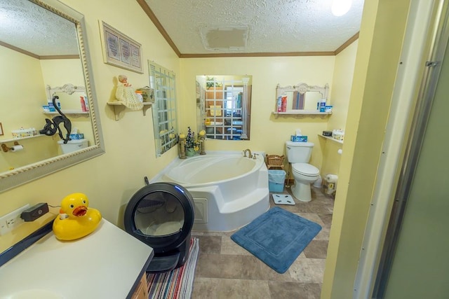bathroom featuring a textured ceiling, toilet, and crown molding