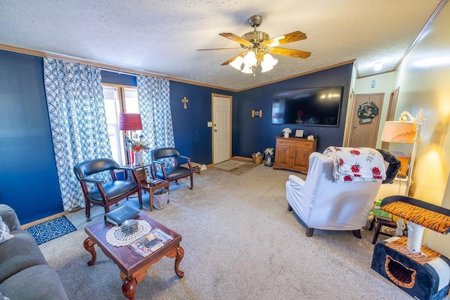 carpeted living area featuring ceiling fan, vaulted ceiling, baseboards, ornamental molding, and a textured ceiling