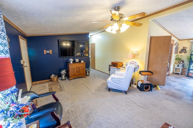 carpeted living area featuring crown molding, a textured ceiling, and ceiling fan