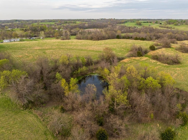 bird's eye view featuring a rural view and a water view