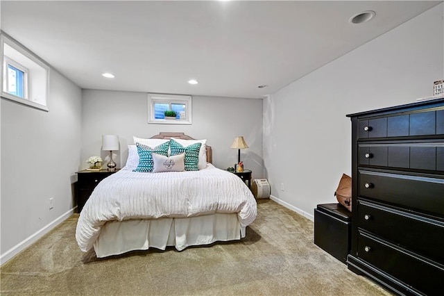 bedroom with baseboards, recessed lighting, and carpet