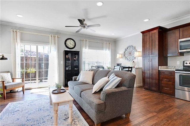 15841 Shawnee Dr, Overland Park, KS 66223 - living room with a ceiling fan, crown molding, dark wood-style floors, and recessed lighting