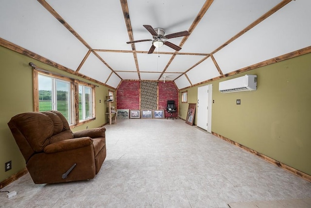 living area featuring ceiling fan, brick wall, baseboards, vaulted ceiling, and a wall mounted AC