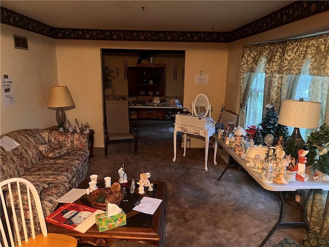 carpeted living room with visible vents