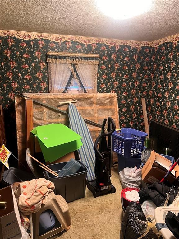 misc room with a textured ceiling, wallpapered walls, and carpet