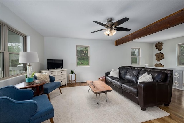 living area featuring ceiling fan, beamed ceiling, and wood finished floors