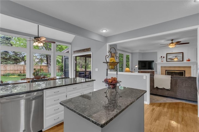 kitchen featuring ceiling fan, dishwasher, and a wealth of natural light