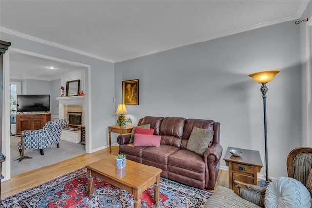 living room with baseboards, ornamental molding, wood finished floors, and a fireplace