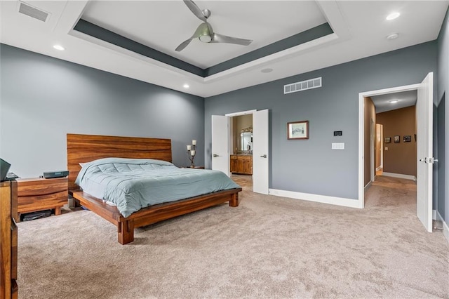 carpeted bedroom with visible vents, recessed lighting, and baseboards