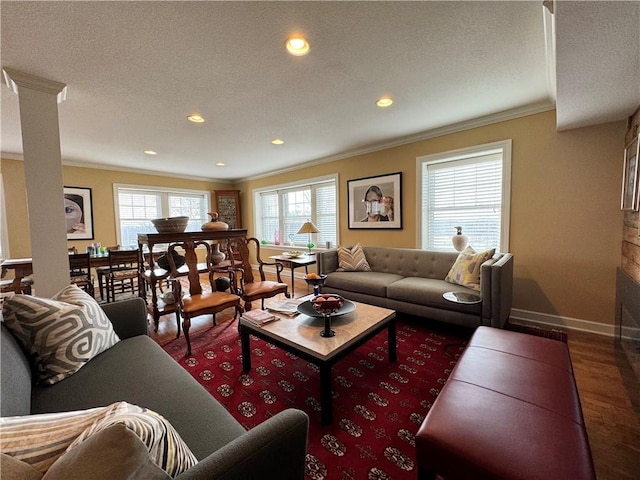 living room with crown molding, baseboards, wood finished floors, and a wealth of natural light