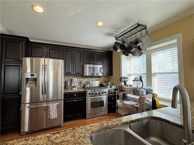 kitchen with crown molding, wood finished floors, a sink, backsplash, and stainless steel appliances