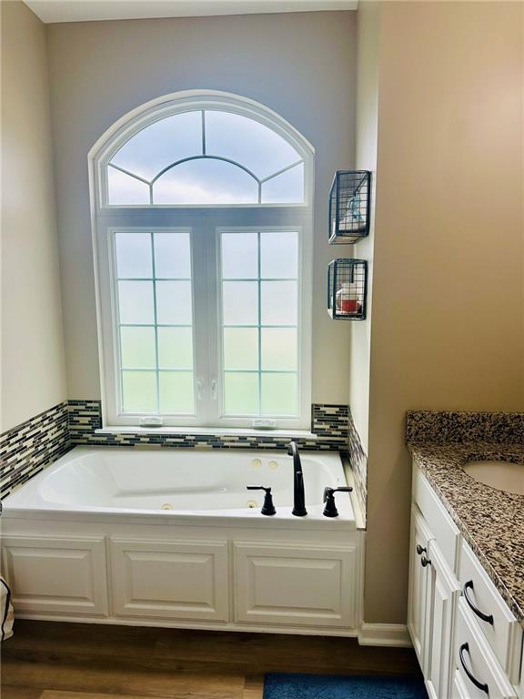 bathroom featuring a tub with jets, wood finished floors, and vanity