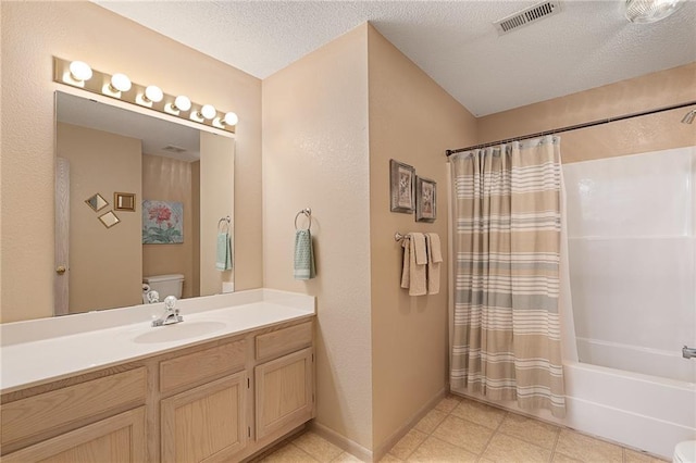 full bath with vanity, toilet, baseboards, shower / tub combo, and visible vents