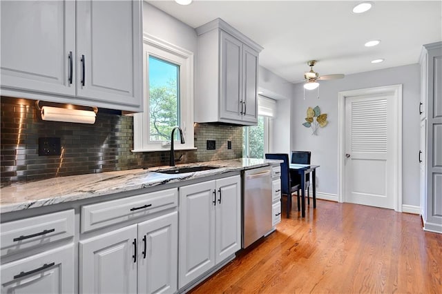 kitchen featuring stainless steel dishwasher, backsplash, a wealth of natural light, and a sink