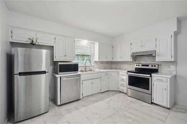 5900 Westridge Rd, Kansas City, MO 64133 - kitchen featuring appliances with stainless steel finishes, under cabinet range hood, a sink, light marble finish floors, and light countertops