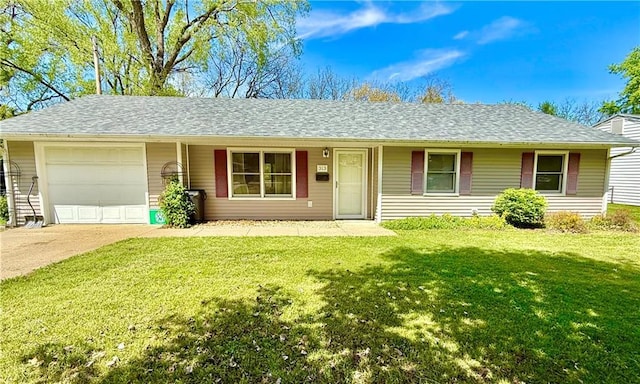 single story home with a garage, driveway, a front yard, and a shingled roof