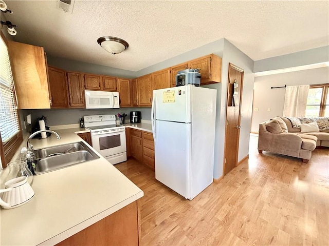 kitchen with a sink, light countertops, open floor plan, white appliances, and light wood-style flooring