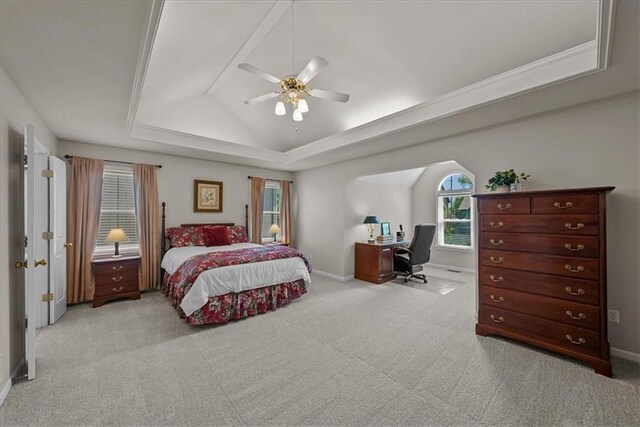 12606 Slater St, Overland Park, KS 66213 - carpeted bedroom featuring a raised ceiling, a desk, a ceiling fan, and lofted ceiling