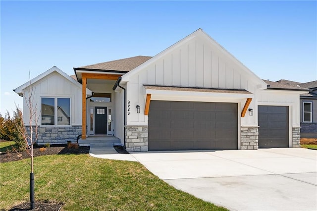 modern inspired farmhouse with board and batten siding, an attached garage, driveway, and stone siding