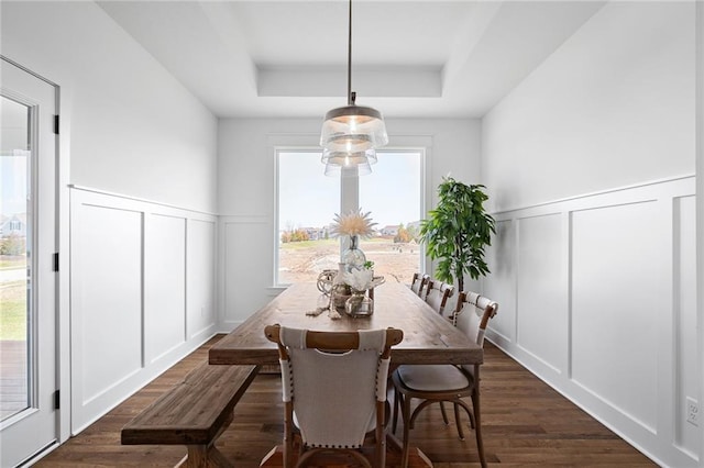 dining space with dark wood-type flooring, a raised ceiling, a decorative wall, and a wainscoted wall