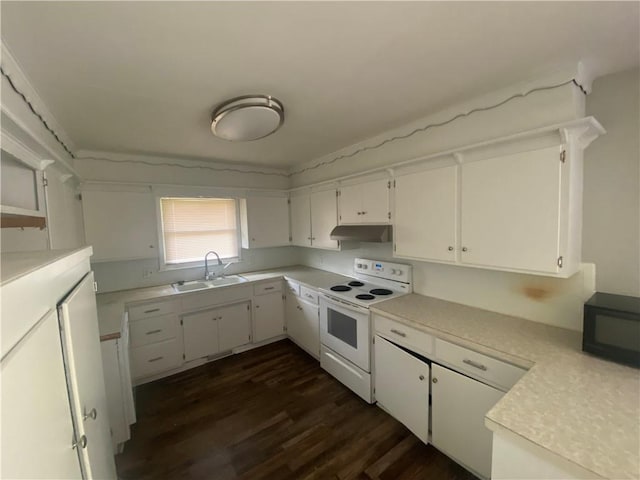 kitchen featuring a sink, black microwave, under cabinet range hood, white electric stove, and dark wood-type flooring