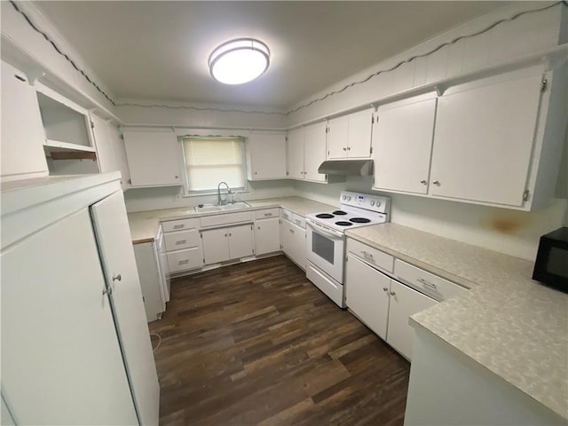 kitchen with white electric stove, under cabinet range hood, a sink, black microwave, and dark wood-type flooring