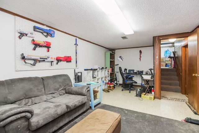 1835 Miami St, Leavenworth, KS 66048 - living room with a textured ceiling, a desk, stairs, and crown molding