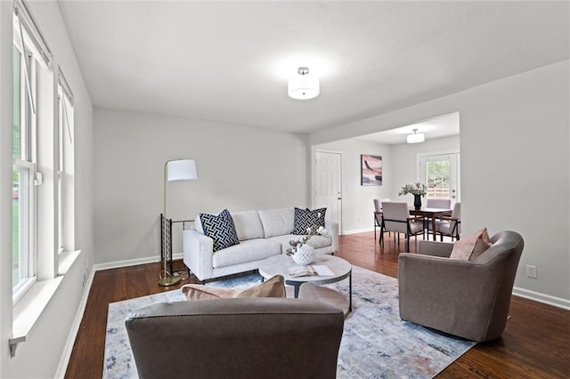 living area featuring baseboards and wood finished floors
