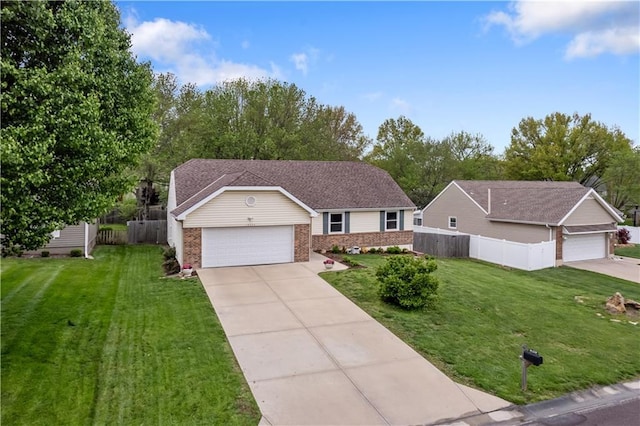 ranch-style home featuring brick siding, a front lawn, an attached garage, and fence