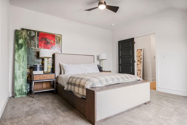 bedroom featuring carpet flooring, baseboards, and ceiling fan