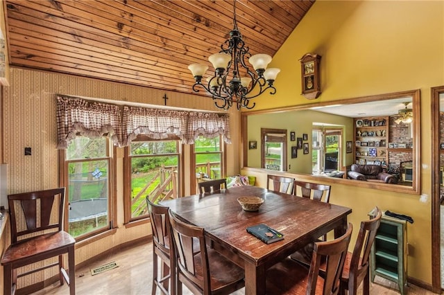 dining room with lofted ceiling, wood ceiling, a chandelier, and wood finished floors