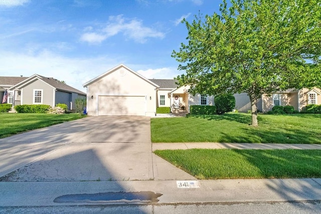 ranch-style house featuring an attached garage, stucco siding, driveway, and a front lawn