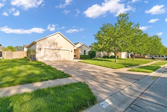 view of front facade featuring a garage, a front lawn, fence, stucco siding, and driveway
