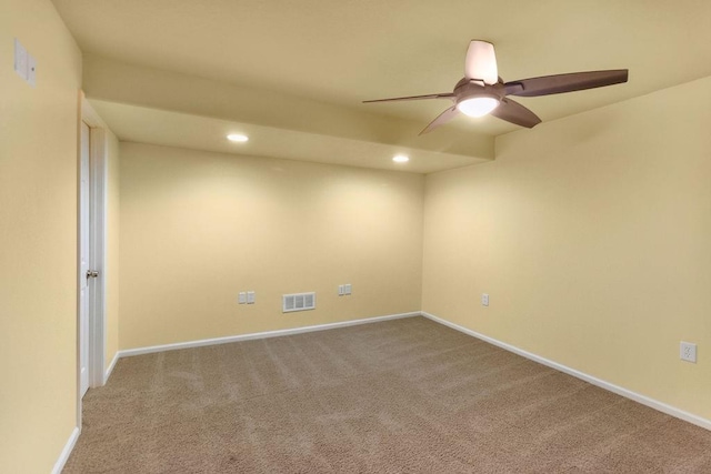 empty room featuring baseboards, a ceiling fan, carpet flooring, and recessed lighting