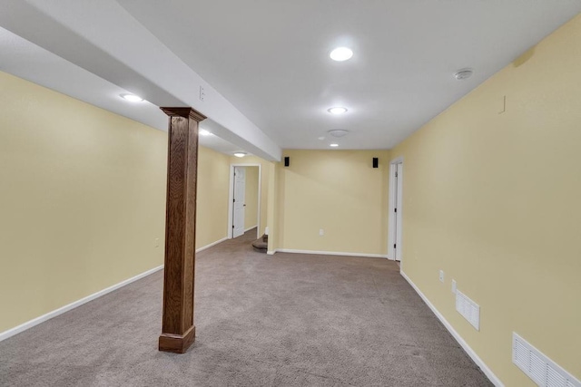 finished basement with recessed lighting, baseboards, visible vents, and carpet