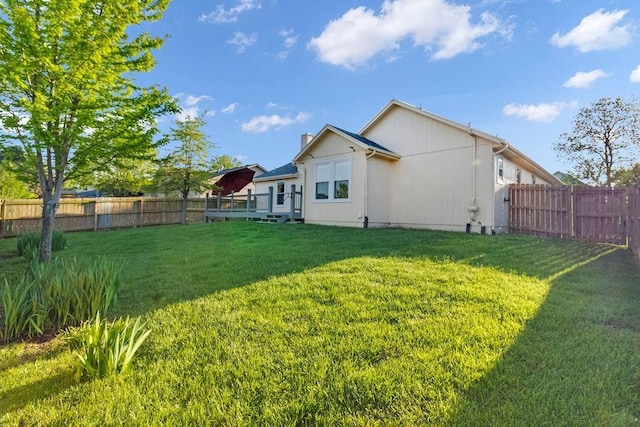 view of yard with a fenced backyard and a wooden deck