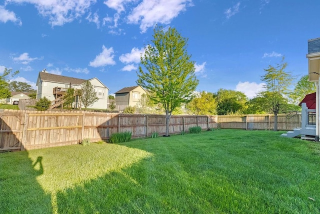 view of yard featuring a fenced backyard and a residential view